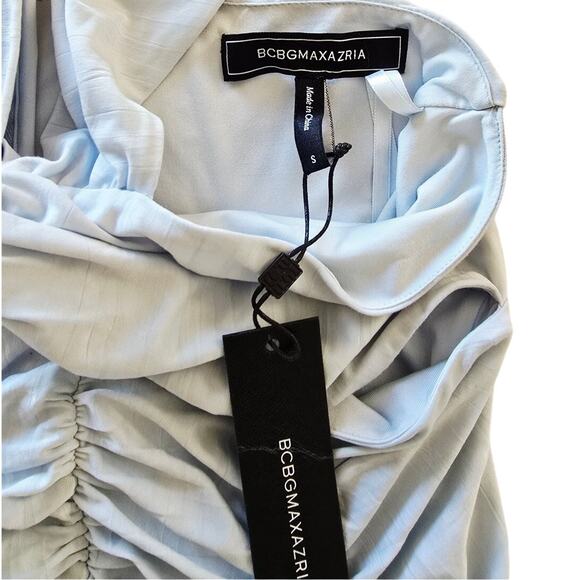 BCBGMAXAZRIA Baby Blue Ruched Bodycon Midi Dress Off-Shoulder Cut-Out S - Picture 4 of 5